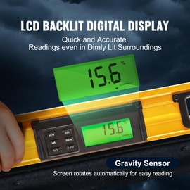 Happybuy 600mm Magnetic Torpedo Level, LED Backlit Screen, 0-360 Degree. Mechanical Bubble Vials. Gravity Sensor. Aluminum Alloy. Viewing Window. Shock-Resistant for Plumbing and Wood