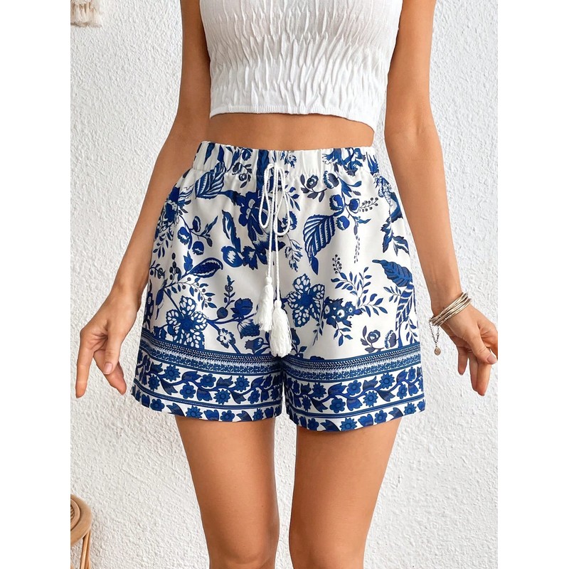WDIRARA Women's Loose Boho Casual Summer Shorts Floral Print Elastic