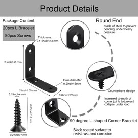 20PCS Heavy Duty 2x2 Inch Black L Brackets 0.12 Inch Thick Steel Corner Braces with 80 Screws Reinforced Angle Brackets for Wood Furniture Shelves and Cabinets