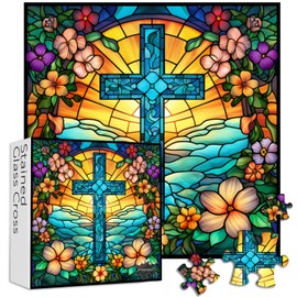 Cross Stained Glass Puzzles for Adults 1000 Pieces and up, PICKFORU Christian Puzzles with Colorful Flower, Religious Puzzle as Home Decor