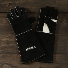 Magna LEVEL Sewing, Cowhide Leather, Heat Resistant Gloves, Fireproof Gloves, Bonfire, Campfire, Outdoor Gloves, BBQ, Dutch Oven, Wood Stove (Black, Long)