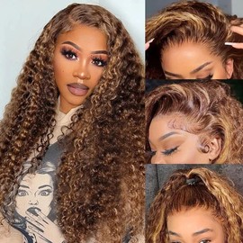 Sherico Honey Blonde Deep Wave Lace Front Wigs Human Hair,4/27 Highlight Ombre Deep Wave 13x6 Transparent Lace Front Wigs Pre Plucked 200% Density Wet And Wavy Curly Lace Frontal Wig for Women 28Inch