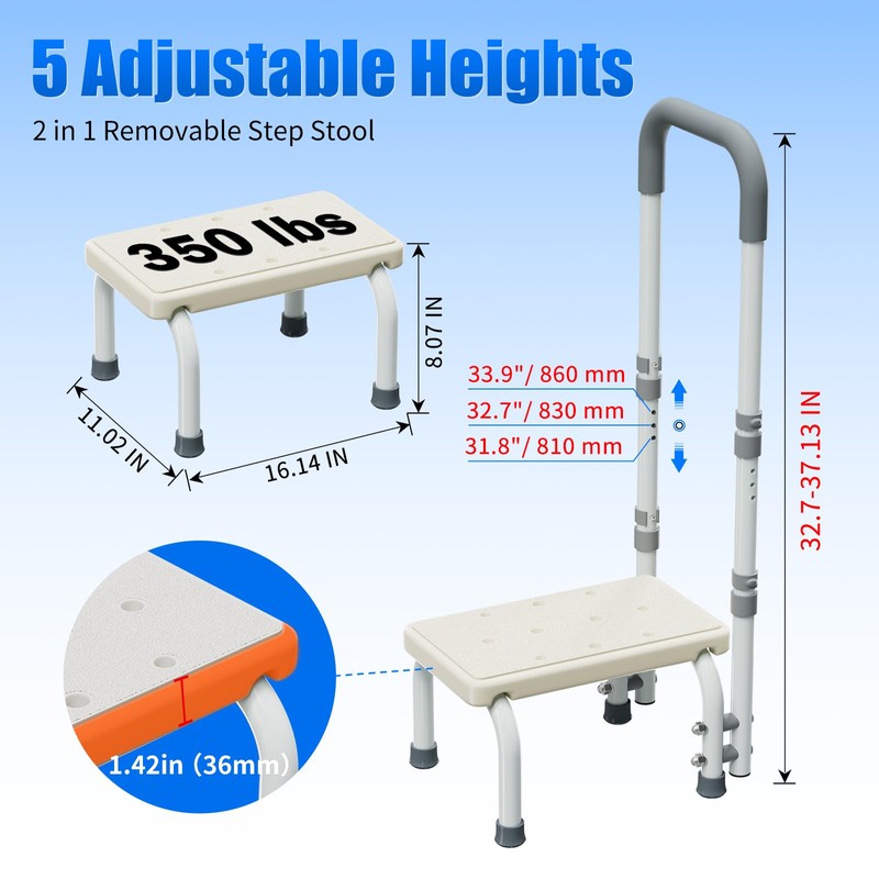 Step Stool with Handles for Elderly-Bed Stools with Adjustable Handrails