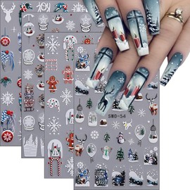 4 Sheets Christmas Snowflake Nail Art Sticker Cute Animal Elk Snowmen Holly Nail Decals Winter Xmas Snow Ball Gingerbread Man Nail Design French Nail Supplies for Women Nails DIY Manicure Decorations