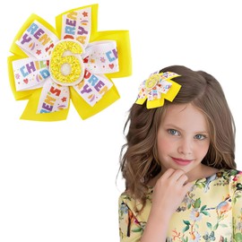 CUBACO Yellow Hair Bow Clips Birthday Hair Bows for Girls 4-6 Years 1 2 3 4 5 6 7 Years 4.7" Yellow Hair Ribbon Accessories for 6th Birthday Girl Outfit Sweet Sassy Decorations for Girls