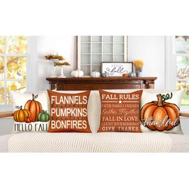 4TH Emotion Fall Pillow Covers 18 x 18 Set of 4, Thanksgiving Farmhouse Decorations Orange Pumpkin Outdoor Autumn Thankful Pillows Decorative Throw Cushion Case for Home Decor S25F01