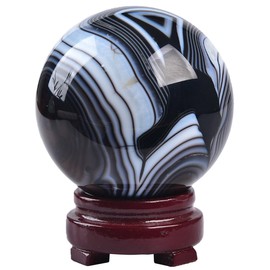 JIC Gem Natural Black Onyx Agate Crystal Ball Round Healing Crystals Decorative Sphere with Wooden Stand Meditation Home Decor 2.3-2.7 inch (60-70mm)
