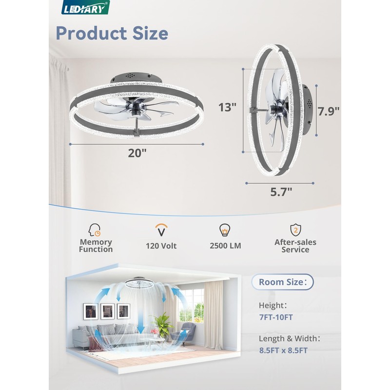 LEDIARY Ceiling Fans with Lights and Remote, 20'' Low Profile