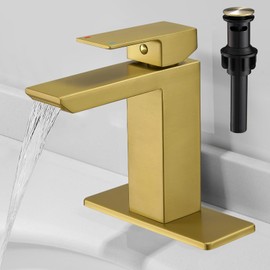 RUMOSE Brushed Gold Bathroom Faucets Set with Pop Up Drain Single Handle Bathroom Sink Faucet 1 & 3 Hole Waterfall Spout Vanity Faucet Kit with Deck Plate RV Lavatory Basin Faucet, Stainless Steel