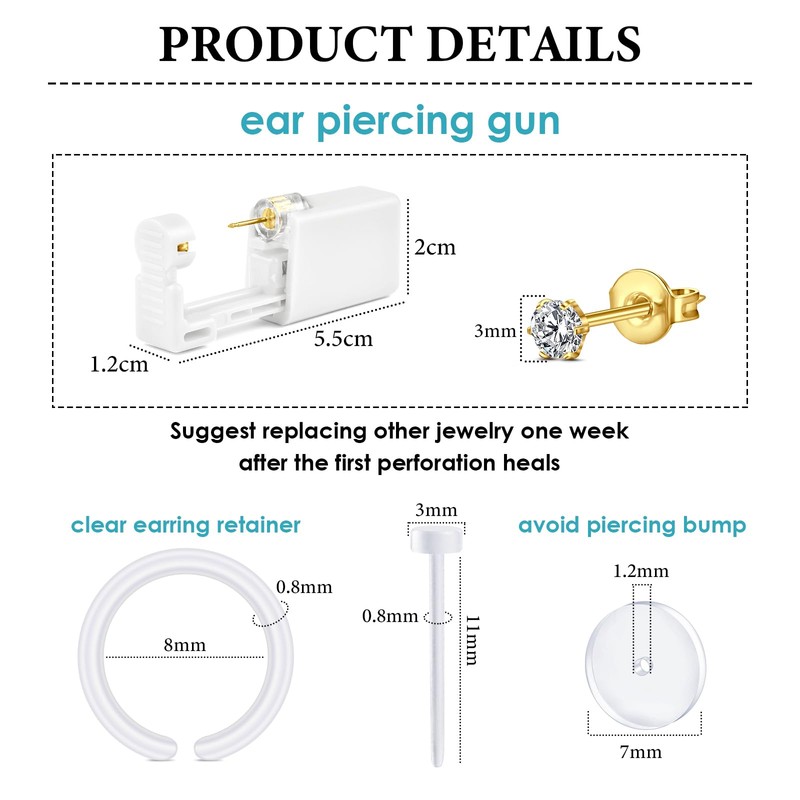 WillTen 2Pcs Ear Piercing Kit with Gold CZ Studs, Ear