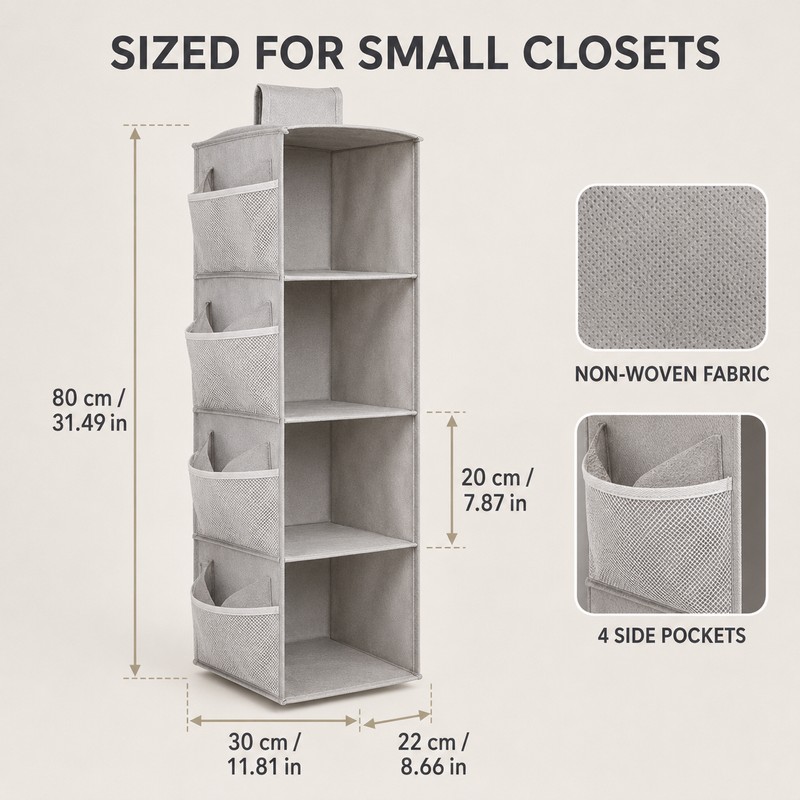 Foldable Hanging Closet Organizer with Mesh Side Pockets, Washable Non-Woven
