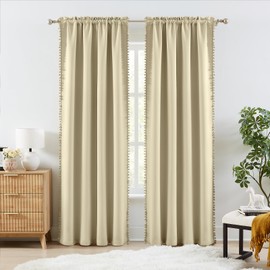 Melodieux Beige Pom Pom Curtains 108 Inches Long for Living Room Bedroom, Elegant Boho Curtains 80% Blackout Decorative Luxury Cotton Drapes Rod Pocket Kids Girls Nursery, 52 by 108 in, 2 Panels
