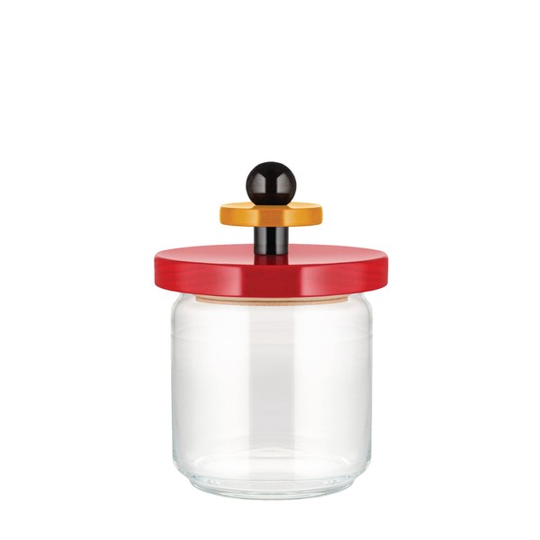 Alessi Mr. Sottsass I Suppose ES16 / 75 - Design Hermetic Glass Jar with Beech Wood Lid, Red, Black and Yellow