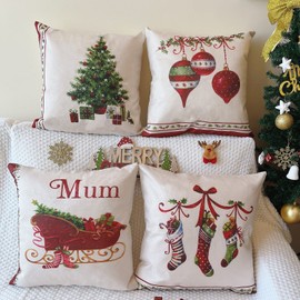 ZHAOMIMI Set of 4 Decorative Cushion Covers, Cotton Linen Cushion Cover, Decorative Cushion, Sofa Cushion for Couch, Car, Bedroom, 45 x 45 cm (Christmas Sock)