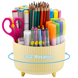 Marbrasse Desk Organiser,360-Degree Rotating Pen Holder for Desk,Desk Organisers and Accessories with 5 Compartments Pencil Organiser, Organisers Storage Box Caddy for Office,Home(Yellow)