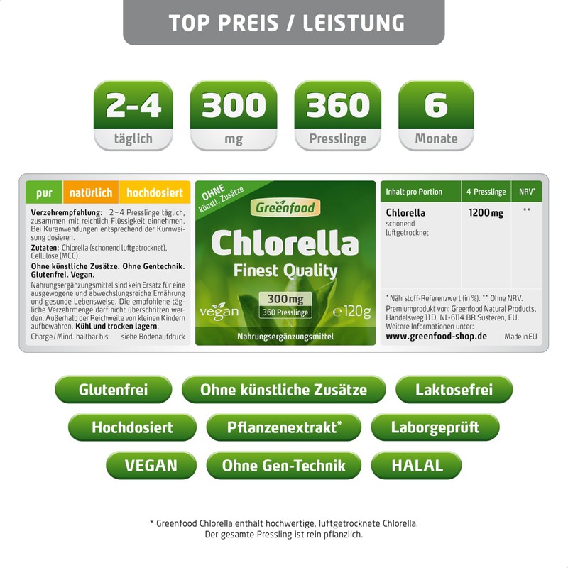 Greenfood Chlorella, 300 mg, 240 pellets - rich in chlorophyll,