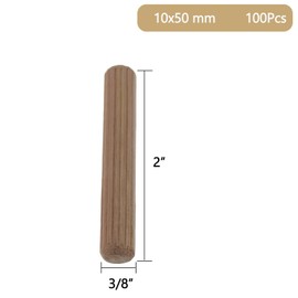 Nihfien 100 Pcs 3/8"x2" (10x50 mm) Wooden Dowel Pins, Straight Grooved Fluted Wood Dowel Rods for Drawer Furniture Door Hardwood Craft Woodworking