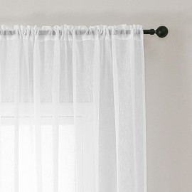 Bujasso White Linen Textured Semi Curtains 90 Inches Long Rod Pocket Top Semi Transparent Light Filtering Curtains for Bedroom Living Room Transparent Window Treatments 2 Panels， 55" Wx90 L,White