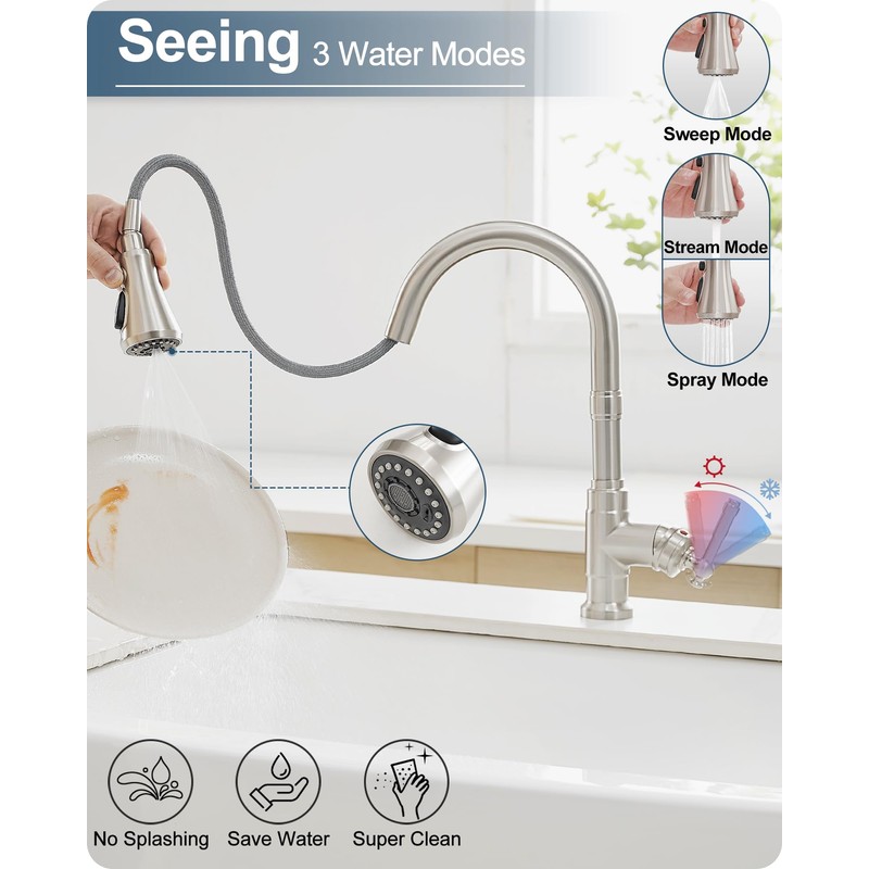 HOIGY Brushed Nickel 3-Function Pull-Down Sprayer Kitchen Faucets, 1 or