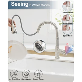 HOIGY Brushed Nickel 3-Function Pull-Down Sprayer Kitchen Faucets, 1 or 3 Hole High Arc Classic Single Handle Kitchen Sink Faucet with Deck Plate, for Farmhouse Camper RV Laundry Utility Room