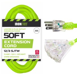 Iron Forge Cable 12 Gauge Extension Cord 50 ft 3 Outlet Pigtail, 12/3 Heavy Duty Extension Cord with Multiple Outlets 3 Prong, SJTW Neon Green Outdoor Power Cable for Major Appliances, 15 AMP