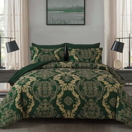 WONGS BEDDING Green Damask King Size Comforter Set, 7 Piece Texture Microfiber Comforter Bedding Set for All Season, Bed in a Bag with Comforter, Flat Sheet, Fitted Sheet, Pillowcases & Shams