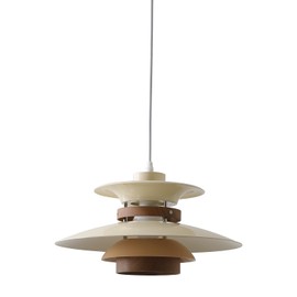 EFINEHOME Modern Decor Adjustable Pendant Lamp Kitchen Island, Aluminum and Wood Finish,1-Light E26 Base Ceiling Hanging Light for Dining Room Shop Restaurant (Beige+Dark Wood Grain, 35cm)