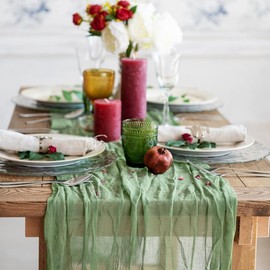 1 Pack Sage Green Table 10FT Runner Cheesecloth Boho Gauze Fabric Table Runner 35 x 120 Inch Rustic Sheer Runner for Wedding Birthday Party Boho Table Decoration