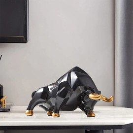 Bull Statue Abstract Bull Sculpture Resin Wolf Figurine Animal Wildlife Ornaments for Living Room Bedroom Office Cabinets - Black S Head Down