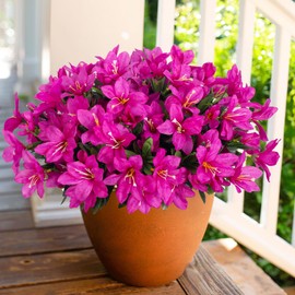Artificial Flowers for Outdoors, 3 Bundles Fake Silk Azalea Bouquet Faux Flower Plants Outside Decoration UV Resistant Realistic Fake Flowers for Planter Front Door Patio Garden Walkways Home, Fuchsia