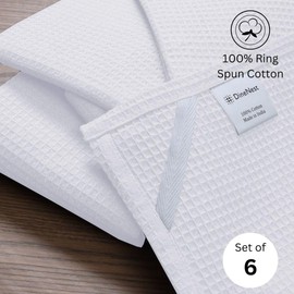 DineNest Waffle Kitchen Towels 100% Cotton 16x26 Inch - Super Absorbent, Soft & Quick Drying, Multi-Purpose for Drying & Cleaning, Ideal for Kitchen & Home Use, Set of 6 Low-Lint Dish Towels White