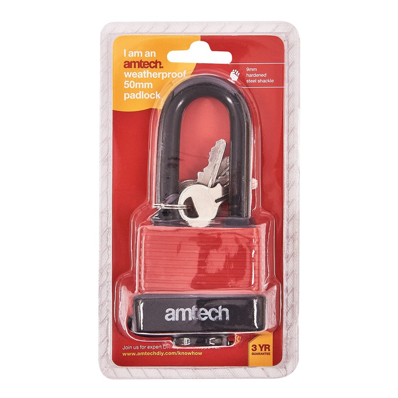 Amtech T0765 50mm Long Shackle Weatherproof Padlock, Outdoor Padlock, Wide