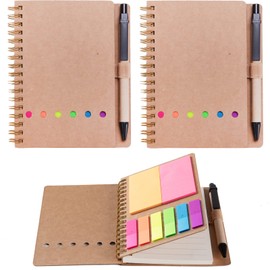 WILFANS 2 Packs Spiral Notebook Steno Pads Lined Notepad with Pen in Holder, Sticky Notes, Page Marker Colored Index Tabs Flags, 4.73"x5.9" Kraft Paper Cover Small Pocket Notebooks (Brown 2 Packs)
