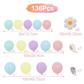 Netnology Daisy Balloon Arch Garland Kit - 136Pcs Pastel Rainbow Balloon Arch Kit - Birthday Balloons, White Groovy Flower Macaron Pink Yellow Blue Purple Balloons for First Birthday Wedding Party Decorations