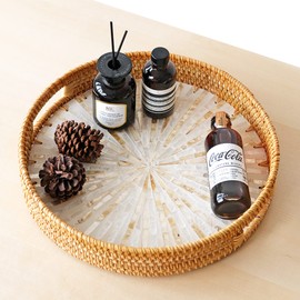 i-lan 12.2" Rattan Round Serving Basket with Beige MOP Wooden Base, Large Wicker Ottoman Basket Tray with 2”Side, Woven Basket Bowl Platter for Home Décor, Coffee Table