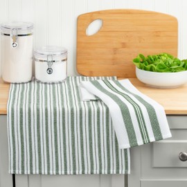 Waffle Kitchen Towels Set of 2, White and Green Striped Waffle Weave Dish Towels for Kitchen, Absorbent Waffle Hand Towels, Oeko-Tex Cotton Tea Towels, 25 in x 15 in