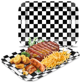 gisgfim 2Pcs Black Checkered Serving Trays with Handles 16 x 11 Inch Large Melamine Tray Rectangular Racing Serving Platter Black White Gingham Tray Melamine Dishes for Serving Food Dinner Dessert Set