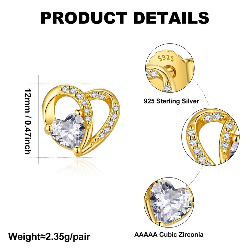 GW Ohrstecker Herz 18 Karat Vergoldet 925 Sterling Silber Damen