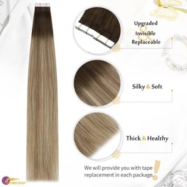 Moresoo Tape-In Extensions Real Hair Ombre Brown to Blonde 45 cm Hair Extensions Real Hair Tape Dark Brown to Light Brown with Blonde Invisible Hair Extensions Real Hair Tapes 10 Pieces / 25 g #3/8/22
