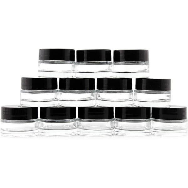 Cornucopia 7-Milliliter Clear Glass Balm Jars (12-Pack); 1/4 oz Cosmetic Jars with Lined Black Plastic Lids