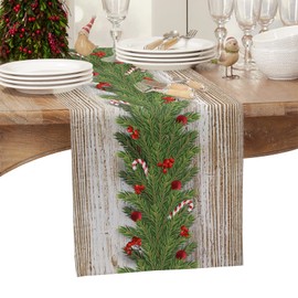 Christmas Garland Table Runner-Cotton Linen-Farmhouse Xmas Dinner Scarf Décor,Long 36 Inch Holiday Winter Dresser Scarves,Berry Pine Branch Rustic Kitchen Coffee/Dining Home Living Room Tablerunner