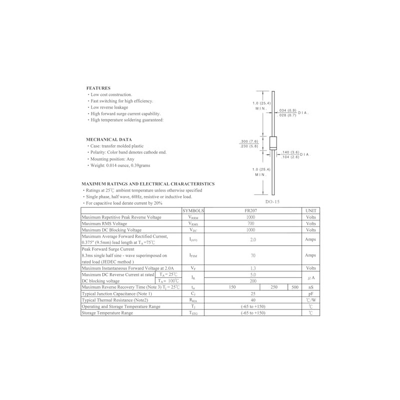 ALLECIN FR207 Diode Quick Recovery 2A 1000V 207 Axial DO-15
