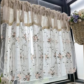 pureaqu Pink Floral Lace Curtain, Embroidered Cafe Curtain, Noren Linen Fabric, Short Curtain, Kitchen, Small Window, Bathroom, Semi-Window, Washroom, Living Room, Cafe, 1 Piece, Width 39.4 x Length