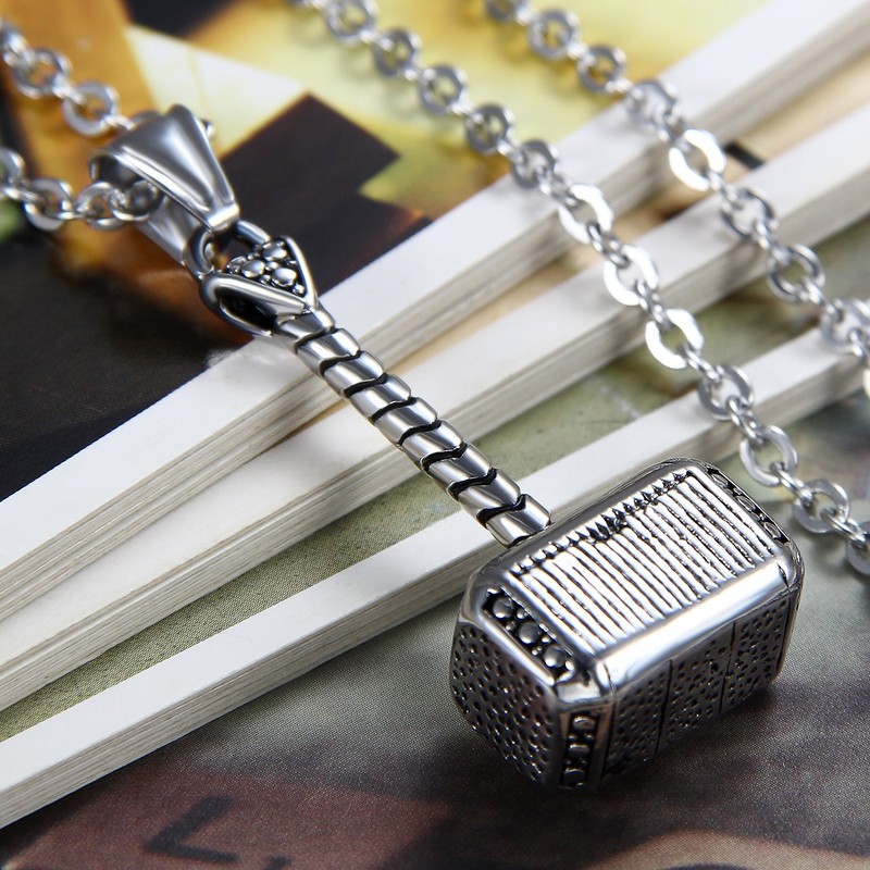 Flongo Men's Vintage Silver Stainless Steel Thor Hammer Biker Pendant