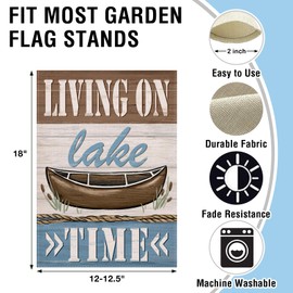 Spring Summer Living on Lake Time Small Decorative Garden Flag, Lakehouse Boat Farmhouse Yard Lawn Outside Decor, Rustic Burlap Outdoor Home Decoration Double Sided 12 x 18