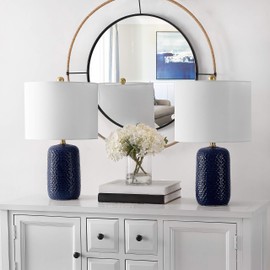 SAFAVIEH Lighting Collection Huxley Modern Navy Blue Ceramic 22-inch Bedroom Living Room Home Office Desk Nightstand Table Lamp Set of 2 (LED Bulbs Included)
