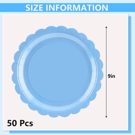 LRQSM 50 Pcs Light Blue Paper Plates 9 Inch Disposable Scalloped Dinner Plates Baby Blue Dessert Plate Party Plate for Baby Shower, Wedding, Birthday