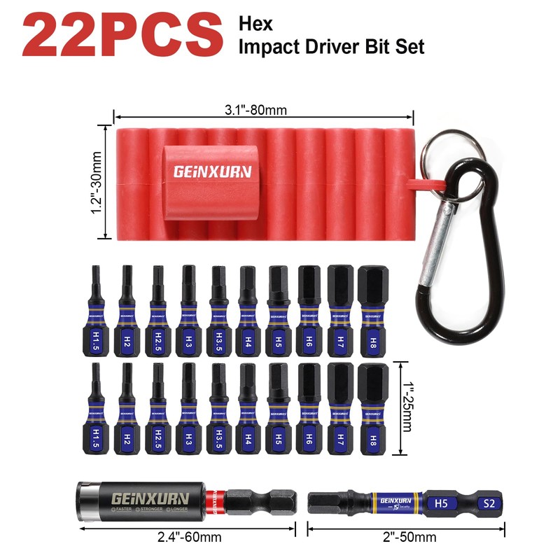 Geinxurn Impact Hex Screwdriver Bits Set,22 Pcs Magnetic Metric S2