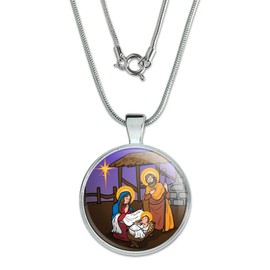 GRAPHICS & MORE Nativity Scene Baby Jesus Mary Joseph Christmas Christian Bible 1" Pendant with Sterling Silver Plated Chain