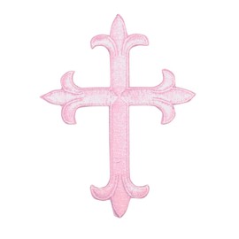 4" Cross, Fleur de lis, Religious, Embroidered, Iron-on Patch (Light Pink)